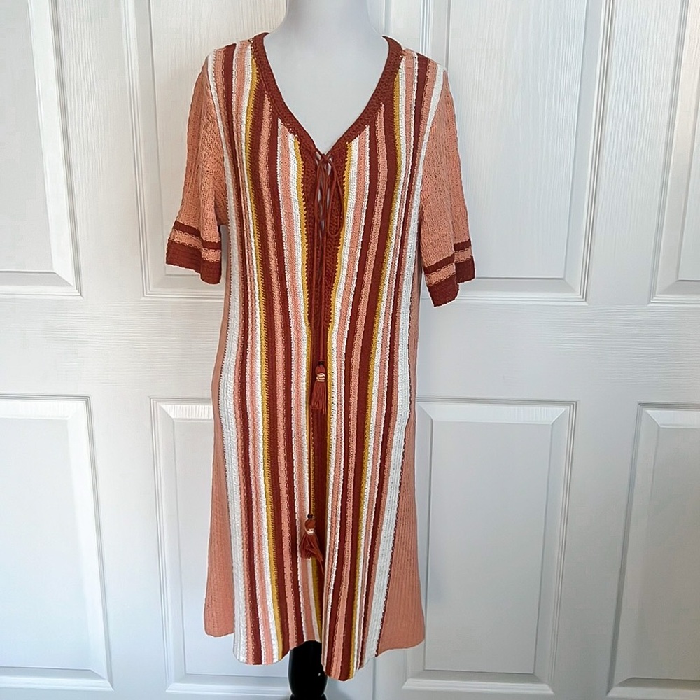 Free People Striped Crochet Knit Sweater Dress Womens Sz Large